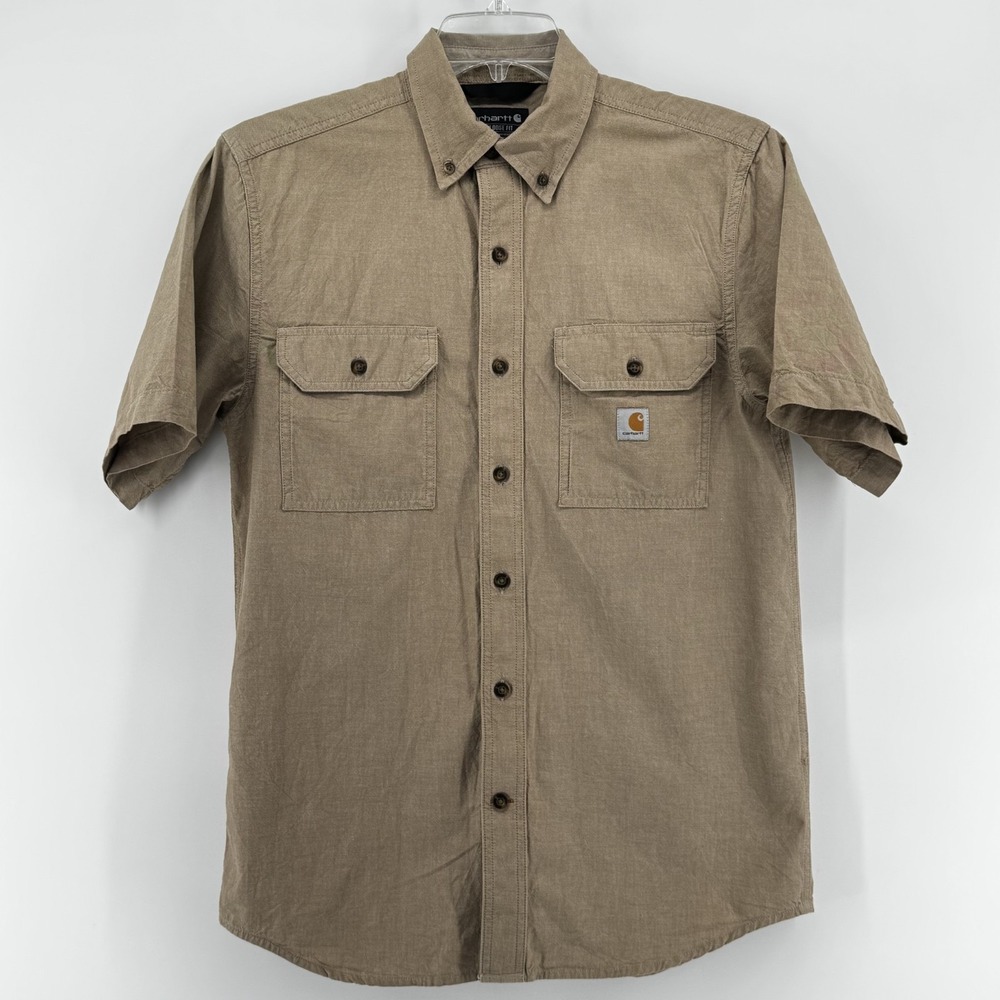 Carhartt Button Down Mens Small Khaki Loose Fit Short Sleeve Canvas 104369